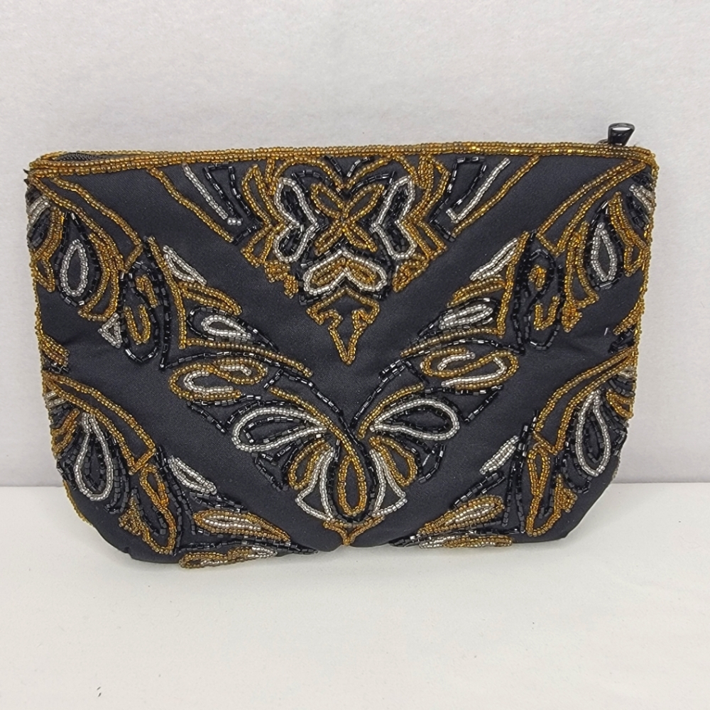 Elegant Hand Beaded Clutch in Black and Gold By LaRegale Ltd